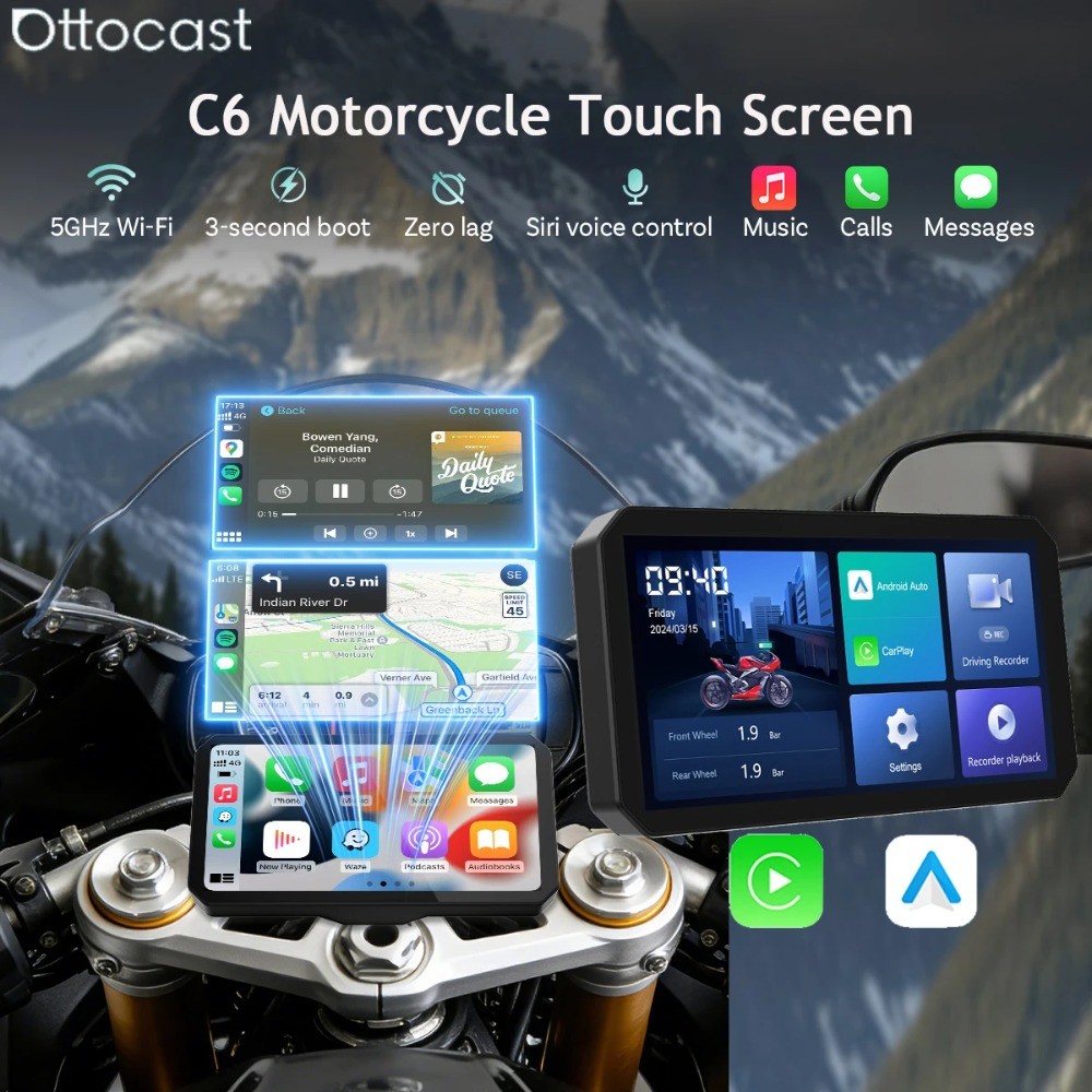 OTTOCAST C6 Xe Máy 6 Inch Màn Hình Cảm Ứng Không Dây CarPlay Android Màn Hình Xe Máy Tự Động Có DVR 