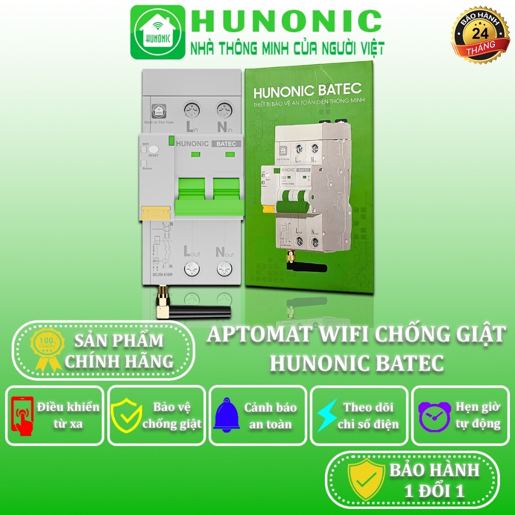 Aptomat Wifi Chống Giật Thông Minh Hunonic Batec, Thiết Bị Bảo Vệ An Toàn Điện