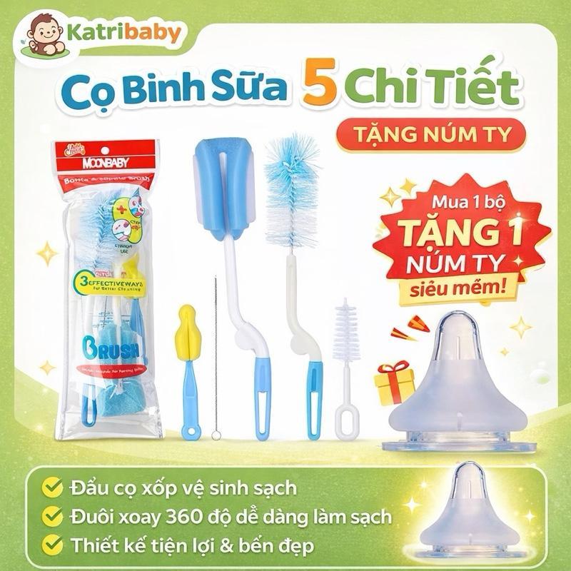 (Tặng núm ty mềm) Cọ Bình Sữa 5 Chi Tiết chống xước bình đa năng cọ núm ty cọ ống hút