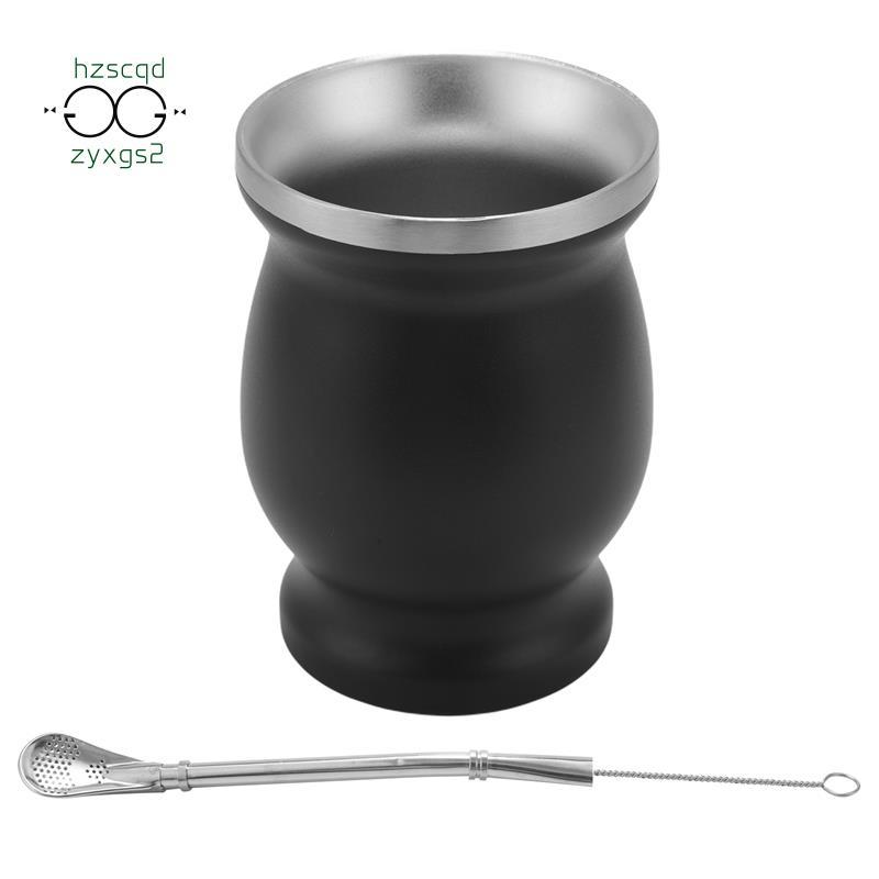 Yerba Mate Gourd Set Cốc trà không gỉ hai lớp và Bombilla 8 Ounce Bombillas Yerba Mate Straw - Đen