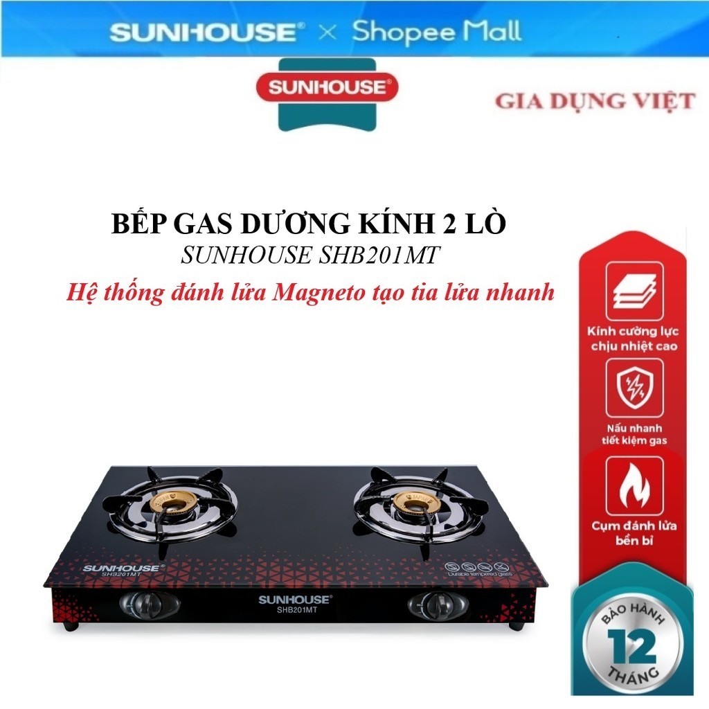 Bếp gas dương kính SUNHOUSE SHB201MT, Hệ thống đánh lửa Magneto tạo tia lửa nhanh, Kiềng bếp độc lập