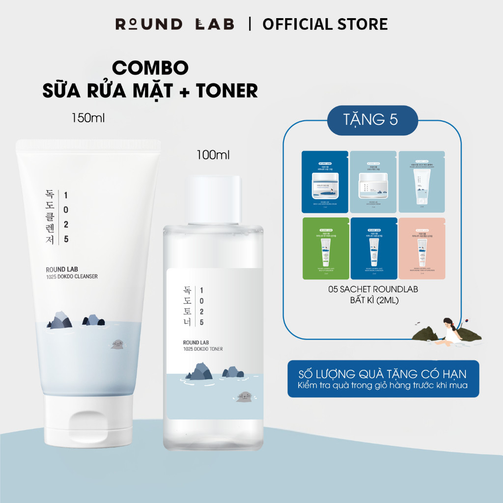 Combo Round Lab Sữa rửa mặt 1025 Dokdo Cleanser 150ml & Nước hoa hồng 1025 Dokdo Toner 100ml