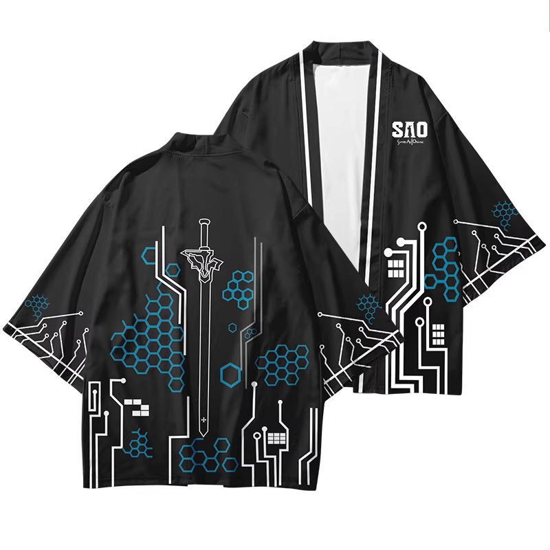 Trang phục cosplay anime SAO cho nhân vật Kirito và Asuna, bao gồm kimono, cardigan và áo sơ mi
