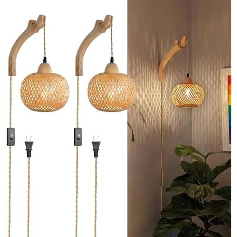 Frideko Đèn Lồng Tre Cắm Tường Sconces Đèn Tường Wicker Có Dây Cắm Tay Dệt Mây Đèn Tường Fhouse Mộc 
