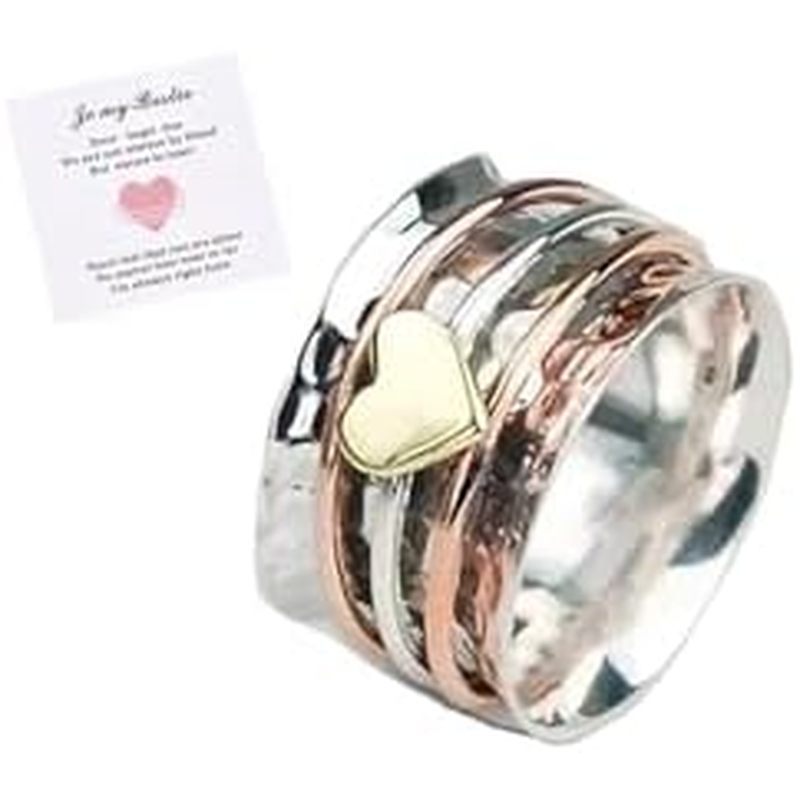 NIQIPOK Tự Tình Yêu Spinner Trái Tim Nhẫn Hai Màu Xoay Trái Tim Lo Âu Giảm Ban Nhạc Nhẫn Trang Sức D