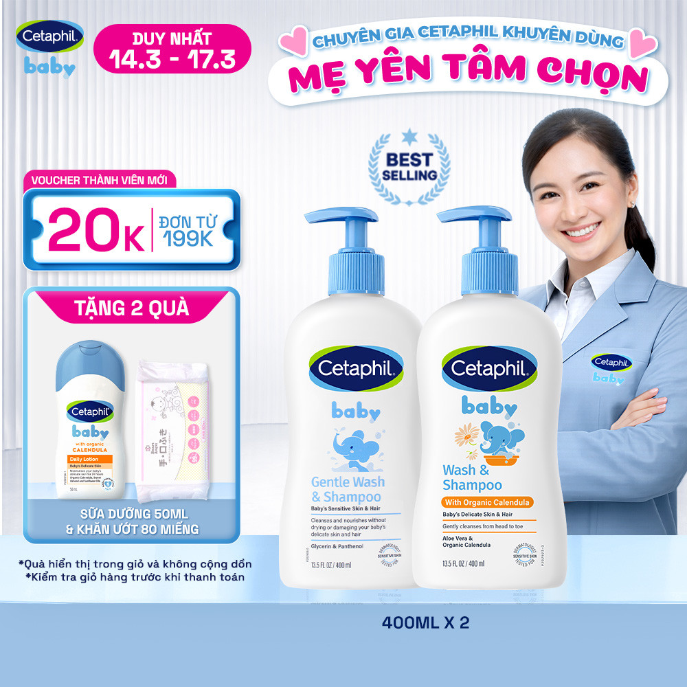 Combo sữa tắm gội dịu lành cho bé GENTLE W&S 400ML &  Sữa tắm dưỡng ẩm dịu lành cho bé với Calendula W&S 400ML