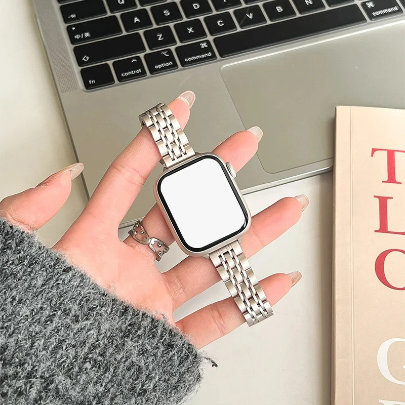 Dây đeo đồng hồ nữ bằng thép không gỉ mỏng, kim loại 7 hạt, Tương thích với Apple Watch, vòng tay iW