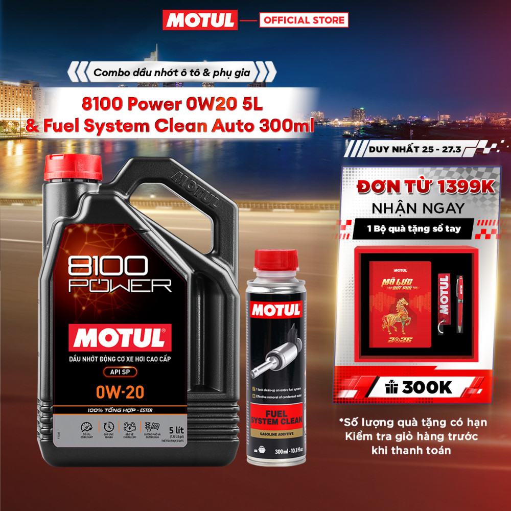 Combo Dầu nhớt xe ô tô MOTUL 8100 POWER 0W20 5L và Phụ gia vệ sinh hệ thống nhiên liệu xe ô tô XĂNG 