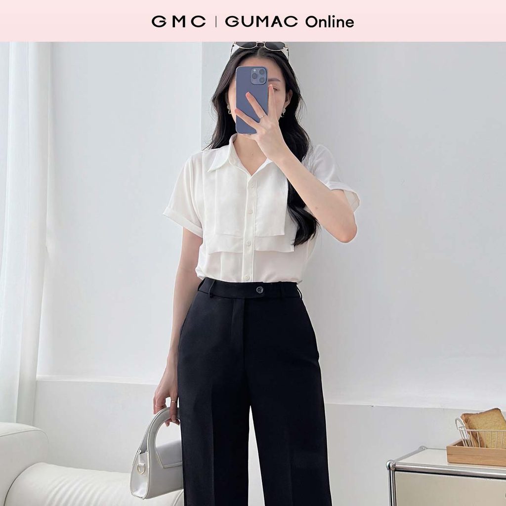 Áo sơ mi nữ trắng tay ngắn lật phối bèo vuông 2 lớp công sở thanh lịch thời trang GUMAC LAF0614