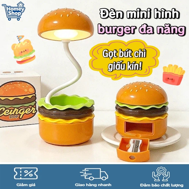 HomeyShop-Đèn mini hình burger đa năng,trang trí bàn học và ngủ,tích hợp gọt bút và cất đồ,quà sinh 
