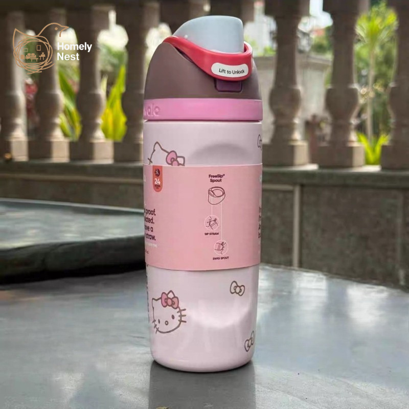 Owala Kids 16oz Kitty Straw Cup - Cốc cách nhiệt bằng thép không gỉ, Bình nước thiết kế nơ dễ thương