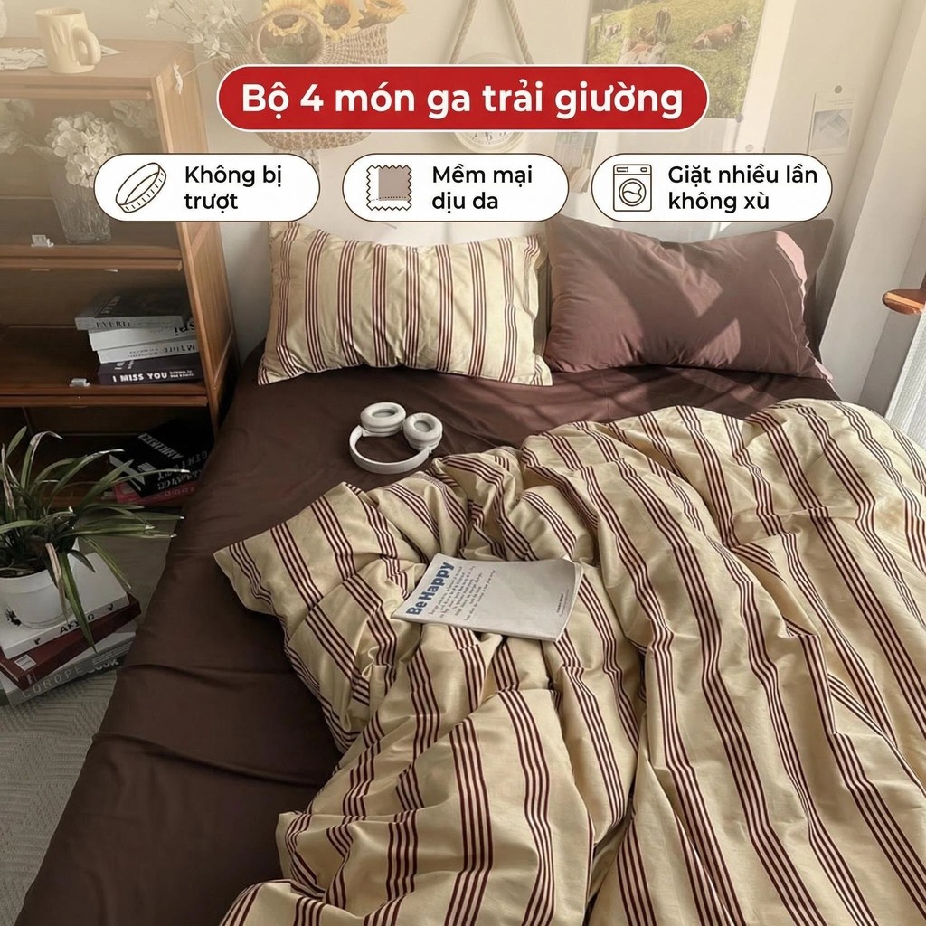 Bộ ga nệm 4 món vải tái tạo chống trượt bao phủ toàn bộ nệm hàng có sẵn giao nhanh COD