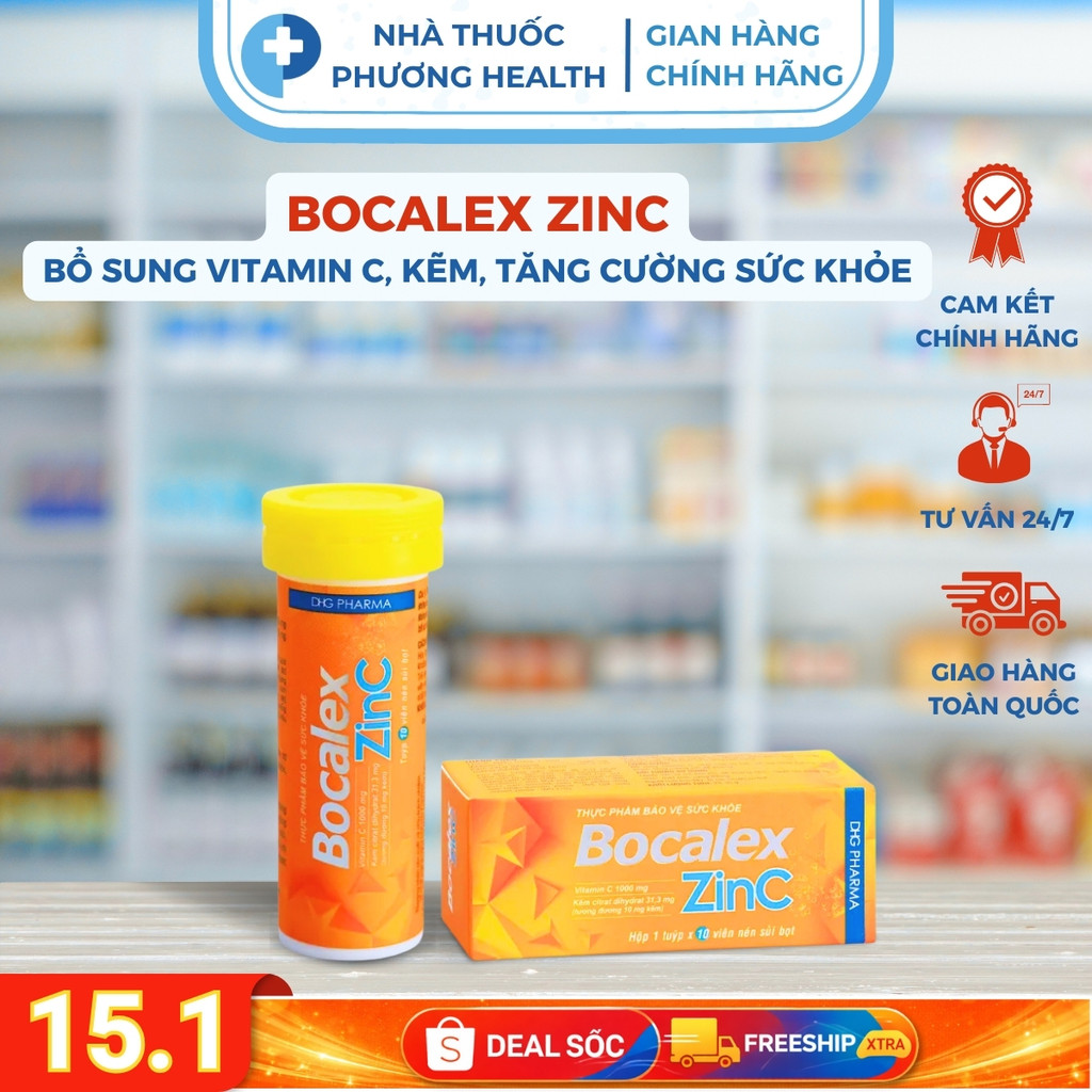 Viên sủi Bocalex ZinC bổ sung vitamin C, kẽm giúp tăng cường sức khỏe (Tuýp 10 viên)