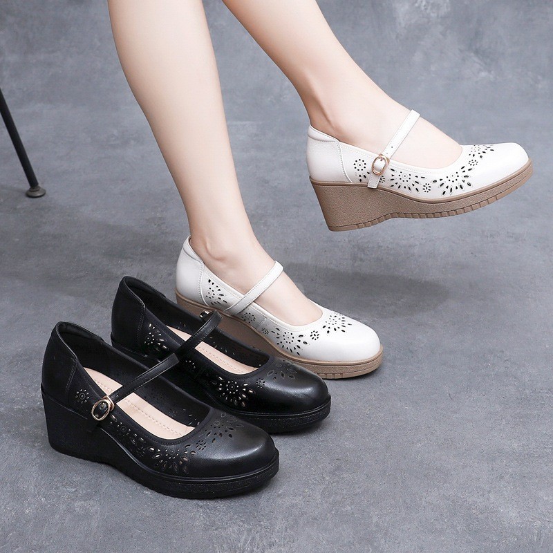 Giày đế xuồng nữ da mềm đục lỗ, kiểu Mary Jane, thanh lịch dễ phối đồ G79
