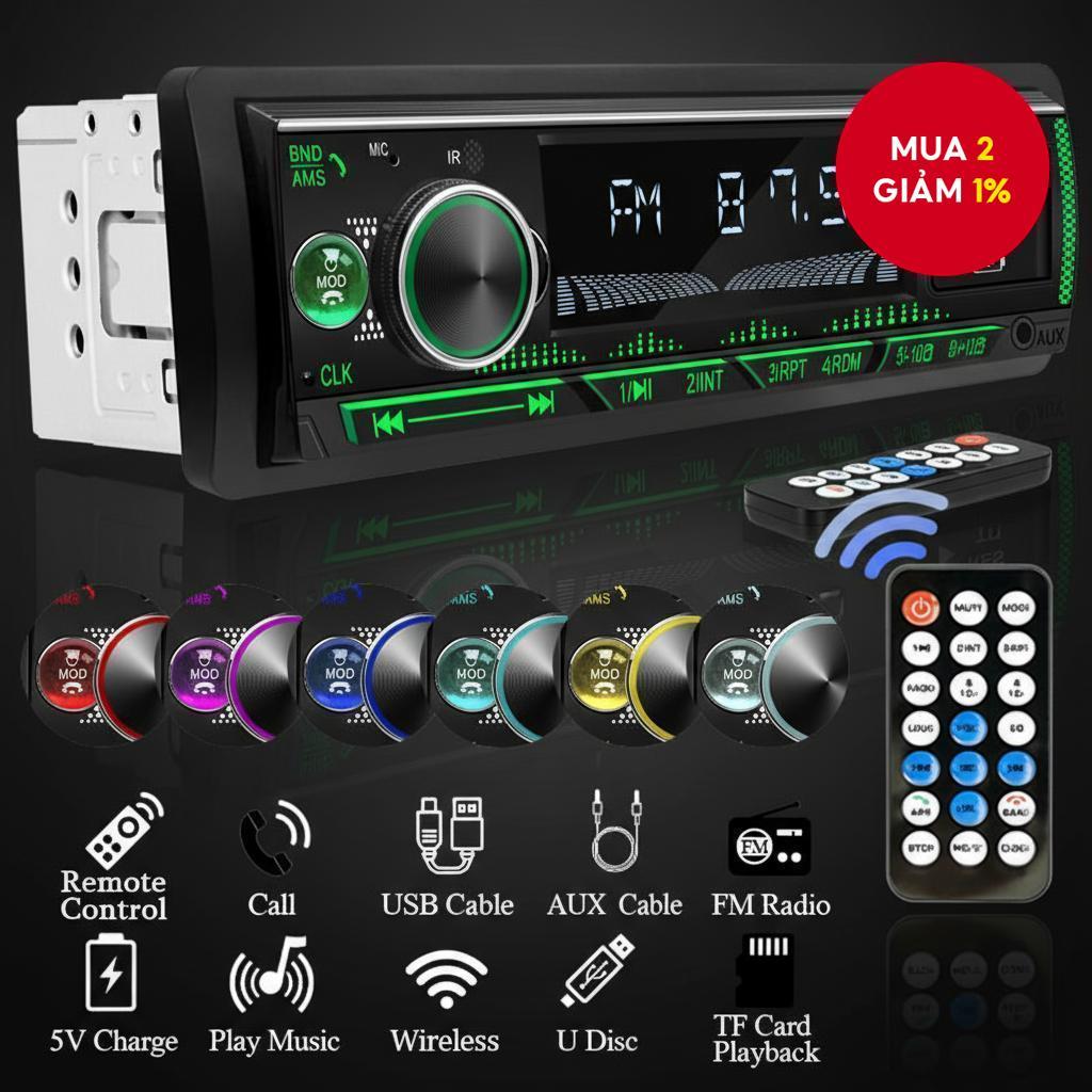 Dàn Âm Thanh Ô Tô 1DIN Radio MP3 - Bluetooth, FM, AUX, USB, TF và Đèn Nhiều Màu