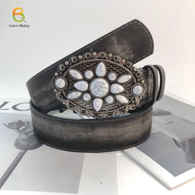 Thắt lưng da dập nổi boho với đá trắng cổ điển, phù hợp cho quần jean và style phương Tây mới nhất