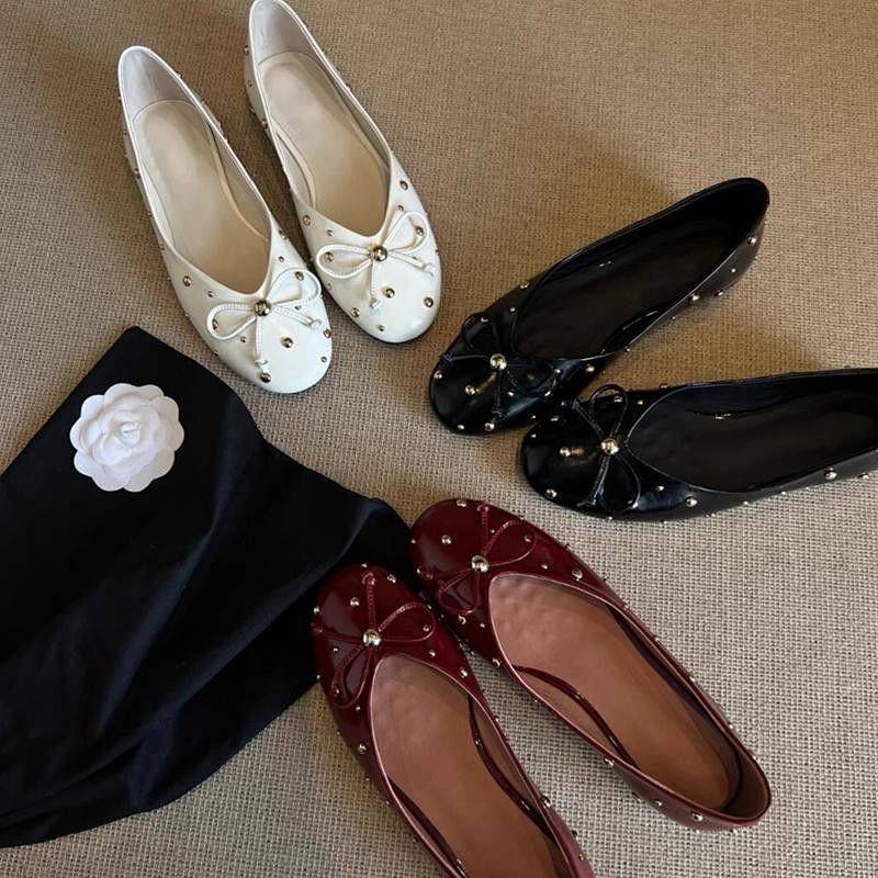 French Rivet Bowknot Shoes round Toe Ballet Shoes Shallow Mouth Mary Jane Flat Shoes Xn60