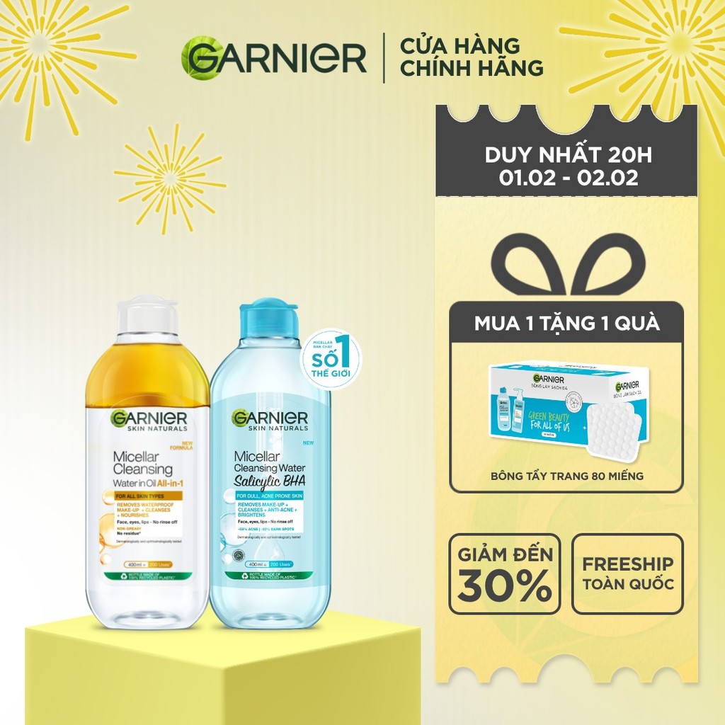 Bộ 2 Nước tẩy trang dành cho da dầu mụn & trang điểm Garnier Micellar Water (400mlX2)