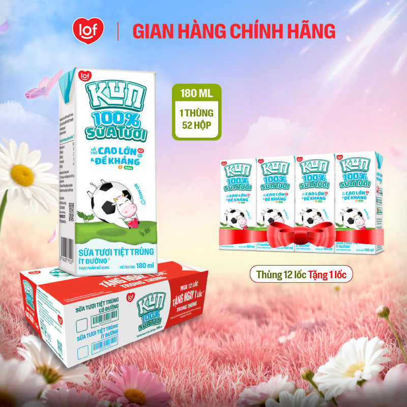 100% sữa tươi KUN ít đường thùng 52 hộp x 180ml