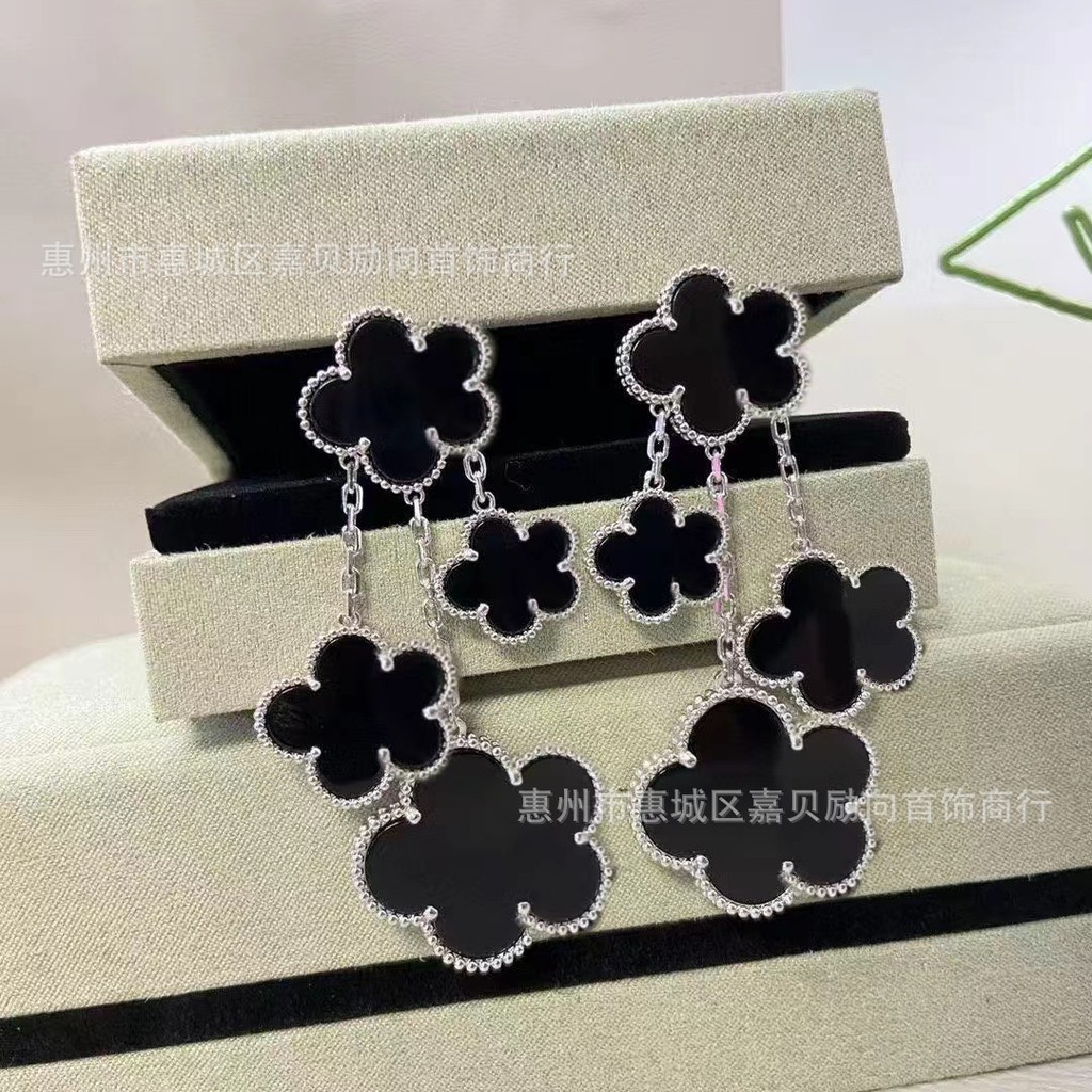 Four-leaf clover earrings with a light luxury vibe, long tassel four-leaf clover earrings