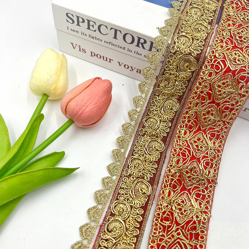 10yard Red base golden thread ethnic style embroidery lace Wedding celebration decorative clothing t