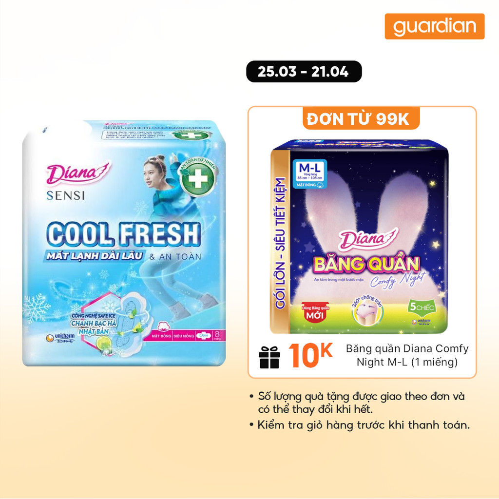 Băng Vệ Sinh Sensi Cool Fresh Siêu Mỏng Cánh Mát Lạnh Diana 8 Miếng 23cm
