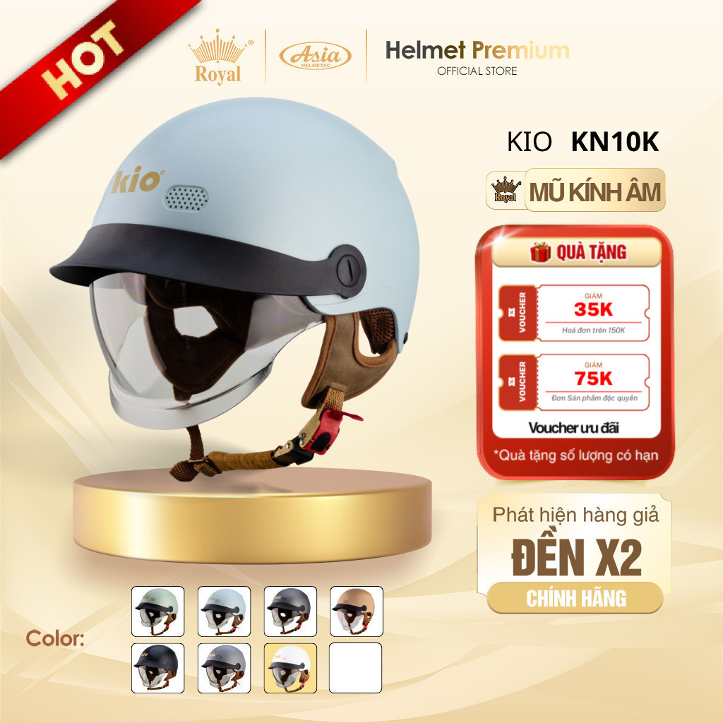 Mũ Bảo Hiểm Nam Nữ Nửa Đầu Kio KN10K Có Kính Âm , Lưỡi Trai, Thông Gió, Lót Êm, Ốp Tai Da Chính Hãng