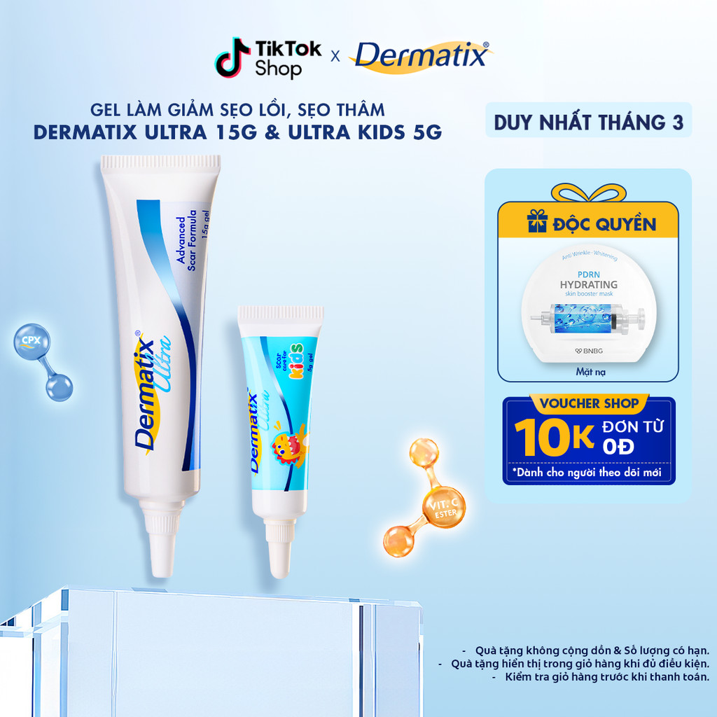 Combo gel làm mờ sẹo lồi, sẹo phì đại Dermatix Ultra 15g cho người lớn & Ultra Kids 5g cho trẻ nhỏ