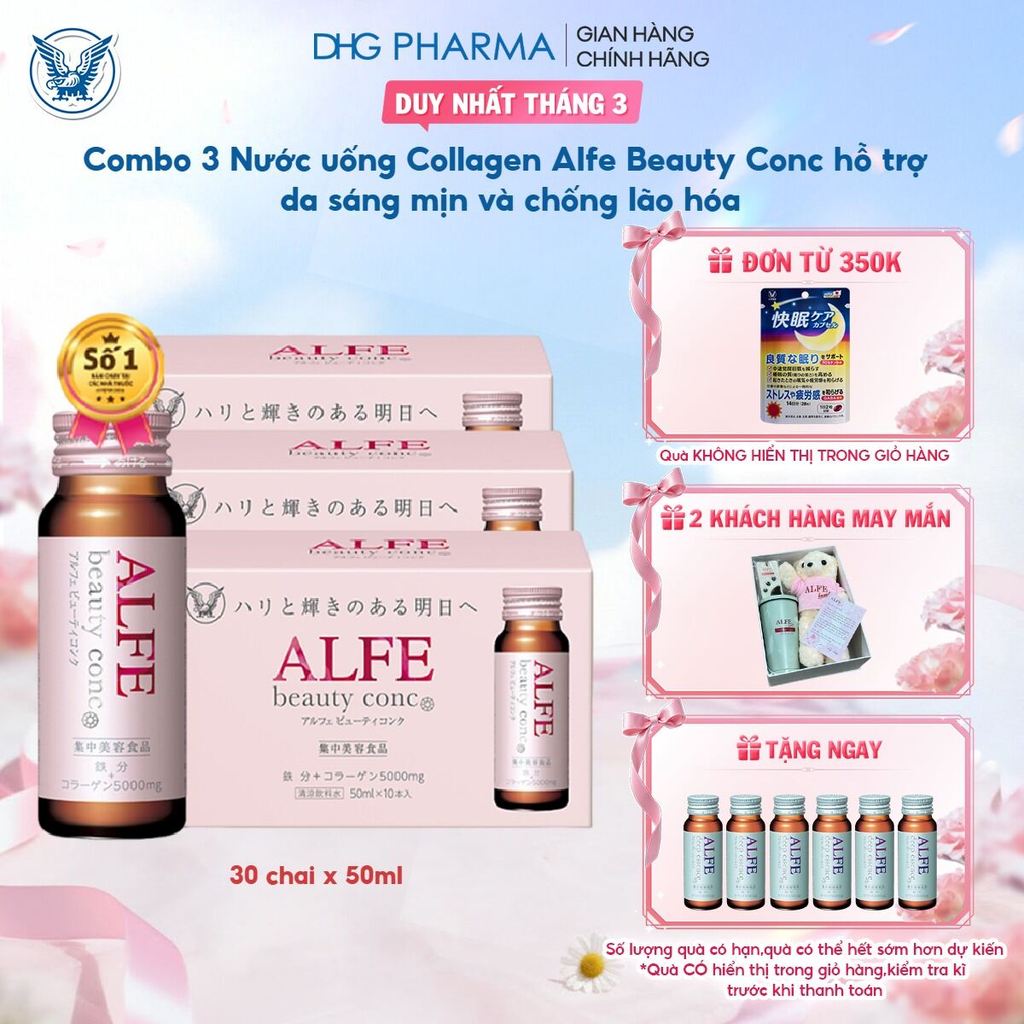 (DEAL ĐỘC QUYỀN) Combo 3 Nước uống Collagen Alfe Beauty Conc hỗ trợ da sáng mịn và chống lão hóa - Hộp 10 chai x 50ml