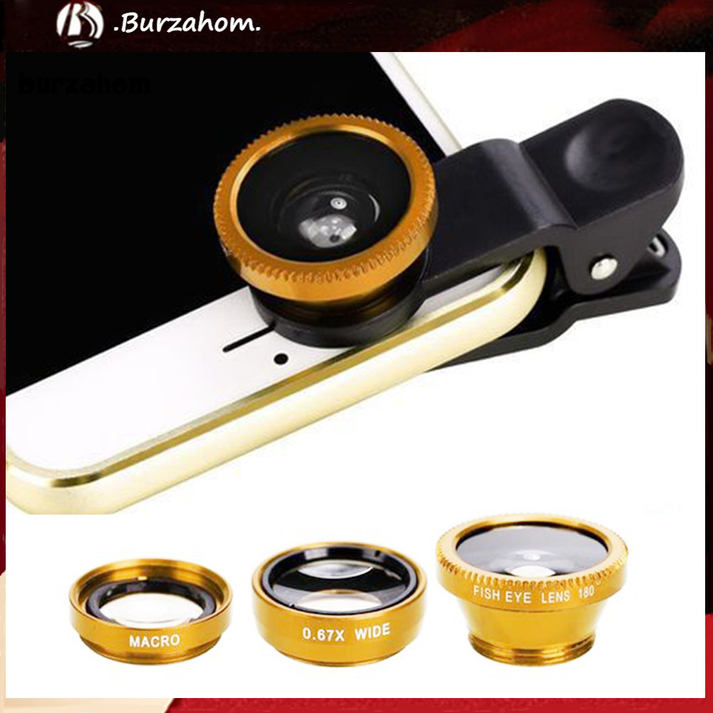Bur 3 trong 1 Điện Thoại Di Động Camera Mắt Cá Macro Bộ Ống Kính Góc Siêu Rộng Có Kẹp