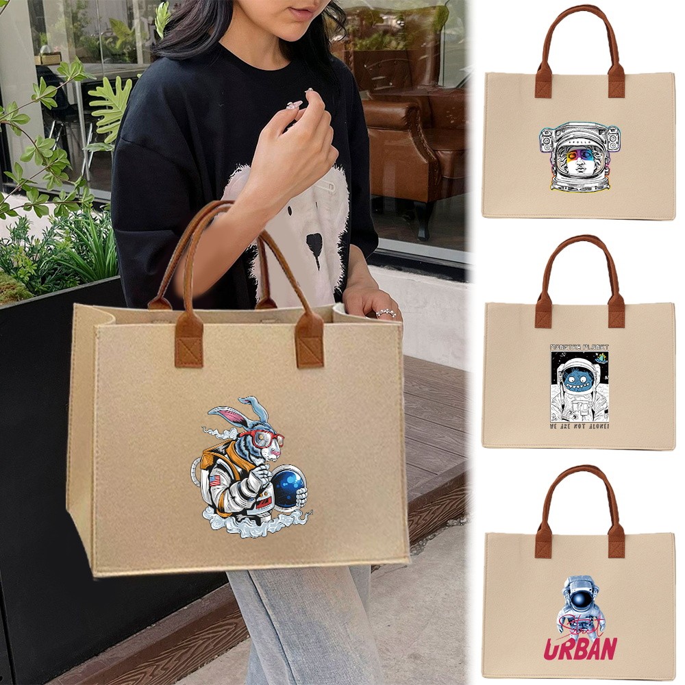 In stock Large felt tote bag 【Lowest price】 Thickened Exquisite print Large capacity Commuter shoppi