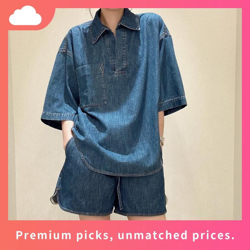 Áo Sơ Mi Nữ Ngắn Tay Cổ V Đứng Form, Áo Kiểu Nữ Jeans Denim   - Raw Denim Top - The J Studio