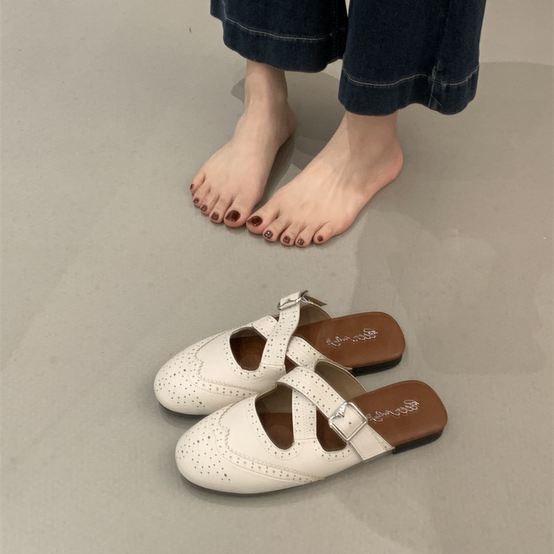 [Lamode] Giày Nữ Thời Trang Retro Thời Trang Khắc Dây Đeo Chữ Thập Ngón Chân-Baotou Dép Nữ Mùa Hè Mặ