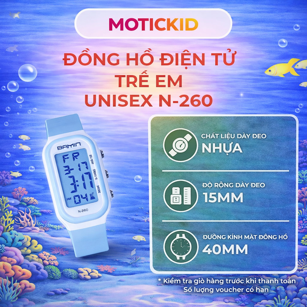 Đồng Hồ Điện Tử Trẻ Em Dash N-260 Thể Thao, Dây Cao Su Mềm, Chống Nước, Phù Hợp Bé Trai Bé Gái