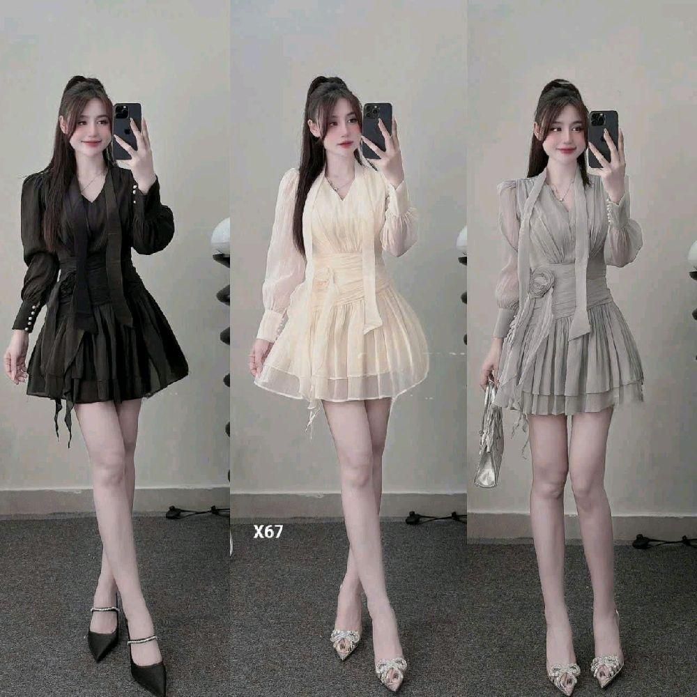 Đầm dây cổ kết hoa eo chất voan tơ nến X67