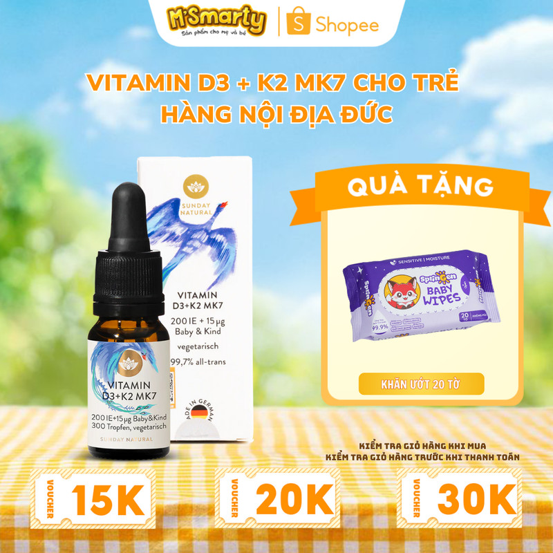 (Date 2027) Sunday Natural - Vitamin D3 K2 Mk7 200IU + 15mcg Sunday Natural Đức 10ml, chay thường cho Bé
