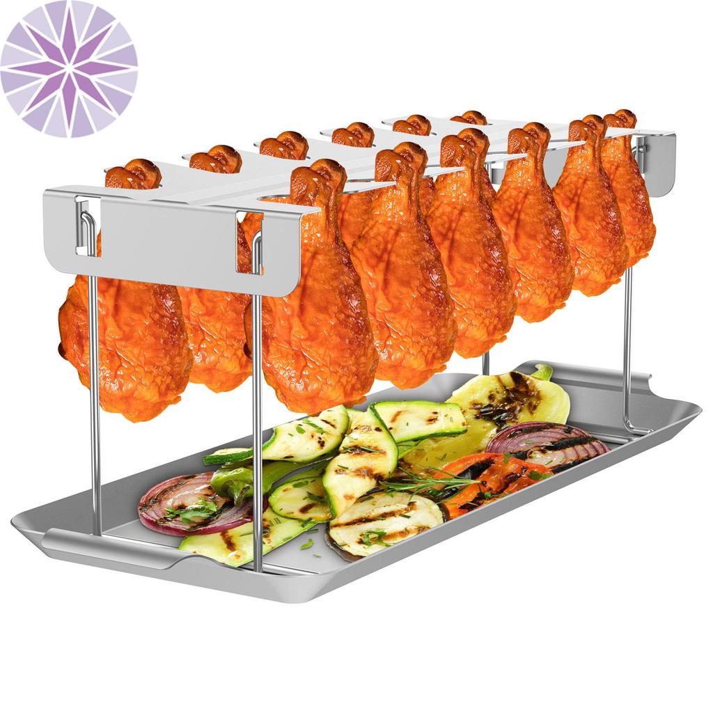 Giá Để Chân Gà Nướng 12 Khe Inox Cánh Gà Có Khay Nhỏ Giọt Gấp Gà Trống Giá Cho BBQ Dã Ngoại SHOPQJC9