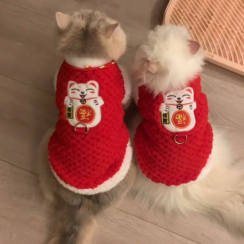 Dog Cat New Year Clothes Lucky Cat Teddy Bichon Small Dog Pet New Year Winter Traction Plush Clothes