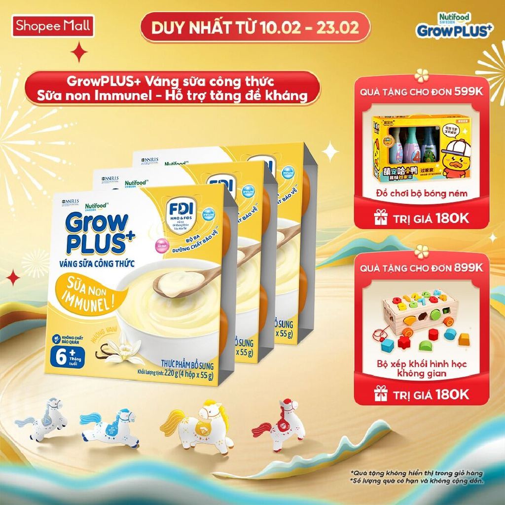 Combo 3 lốc GrowPLUS+ Váng sữa công thức Sữa non Immunel Hỗ trợ tăng đề kháng (55g x 12 hộp)
