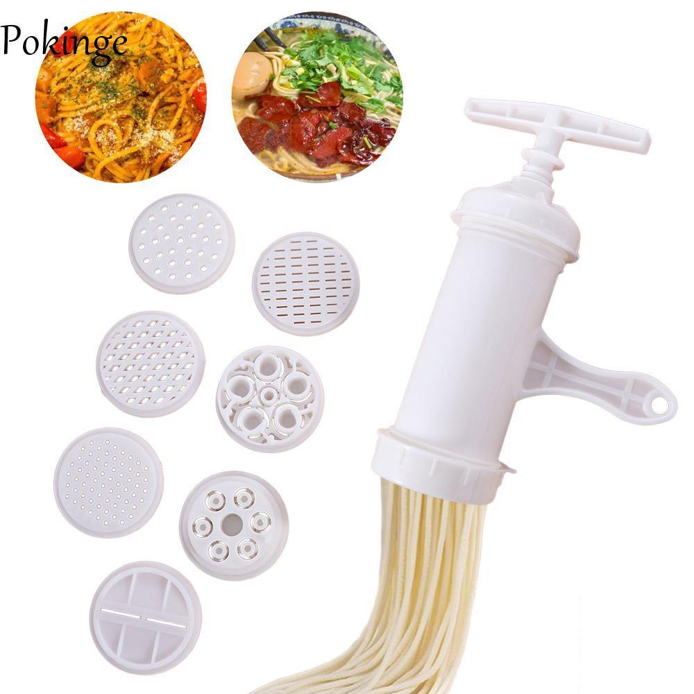 Máy ép mì POKINGE, Máy làm mì ống trắng bằng nhựa, Hướng dẫn sử dụng gia đình với 7 khuôn in khác nhau Dụng cụ Spaghetti Nhà bếp Newbie