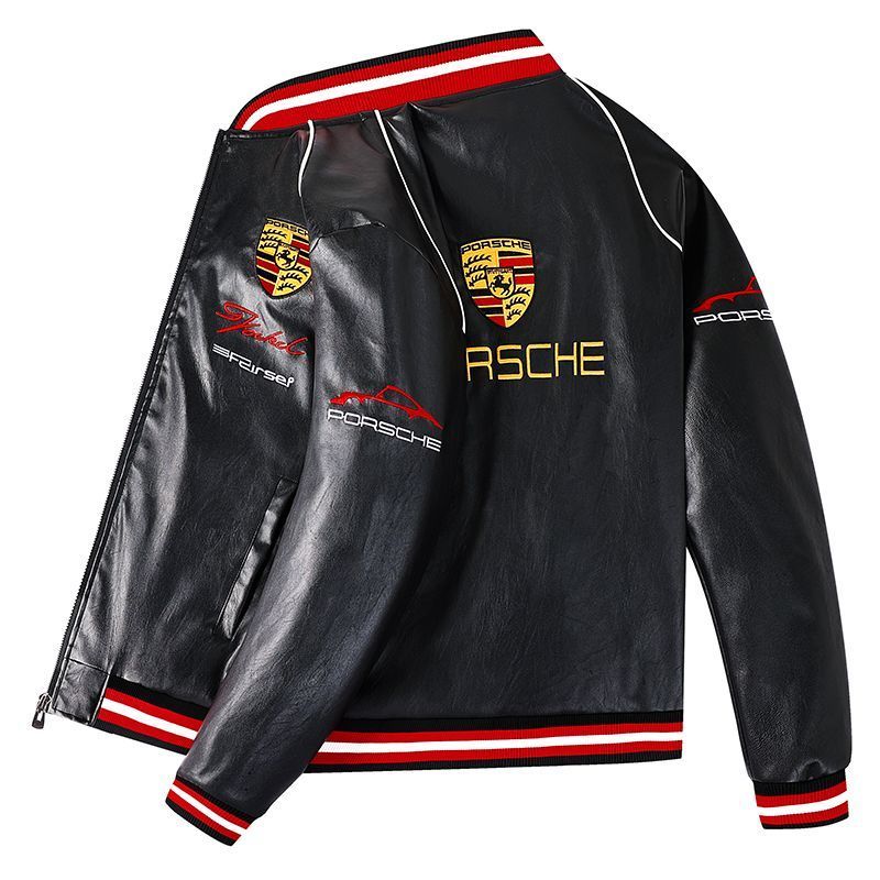 PORSCHE embroidered leather jacket, 911, 718, Macan, Cayenne racing style leather jacket