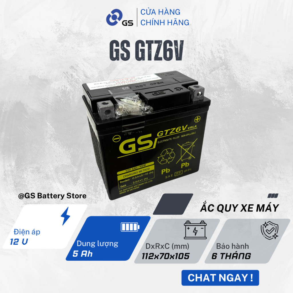 Phụ tùng xe máy GS GTZ6V 12V 5Ah dùng cho Winner, Ab, Vision, Lead, Vario, PCX, SH - Siêu bền