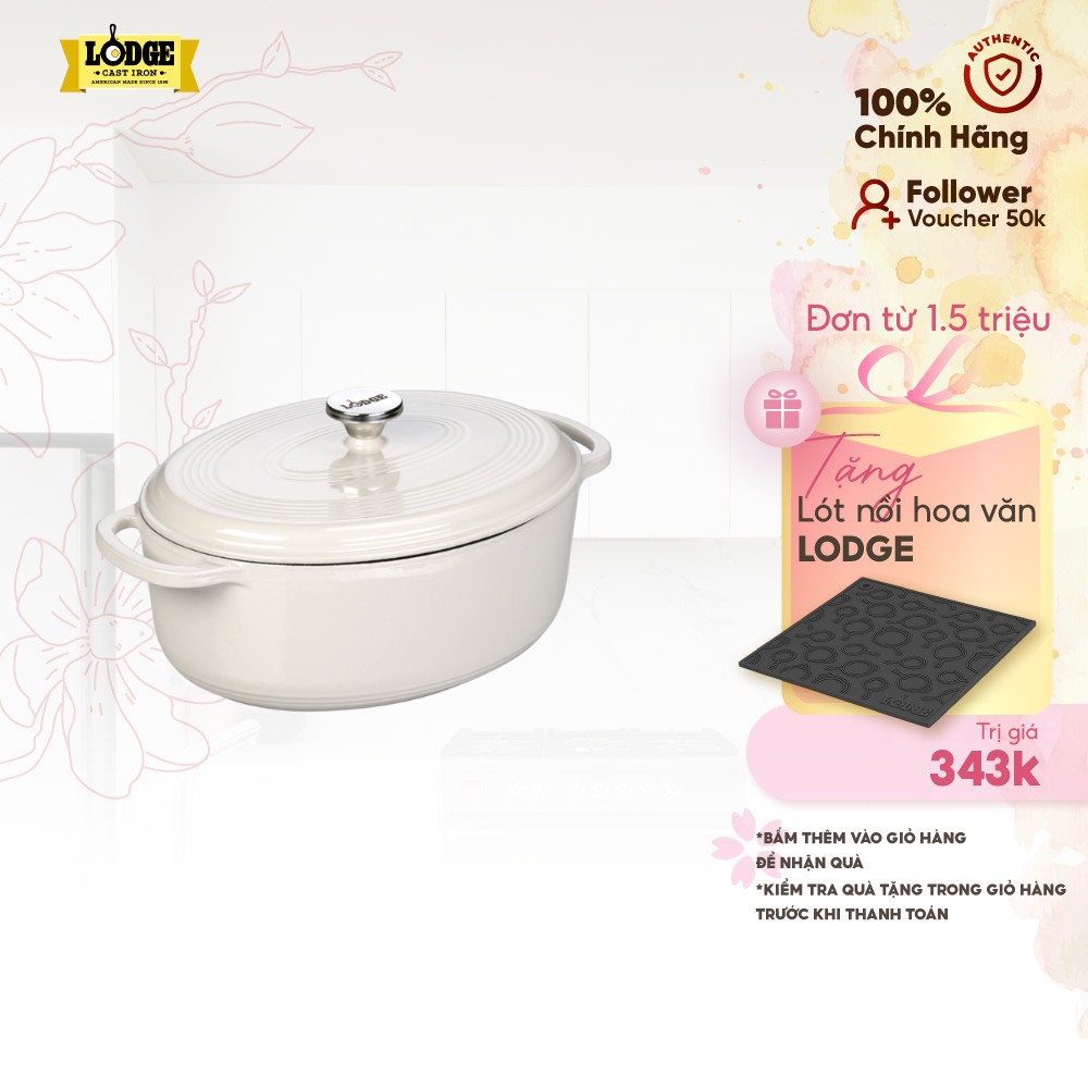 Lodge - Nồi gang oval phủ men màu trắng - 6.6L