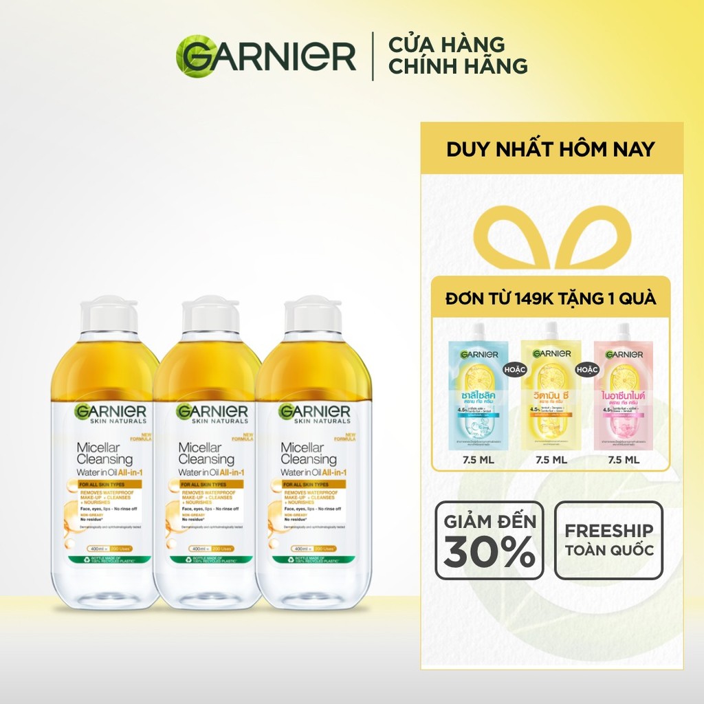 Bộ 3 nước làm sạch và tẩy trang cho da khô & trang điểm lâu trôi Garnier Micellar Water Oil-Infused 