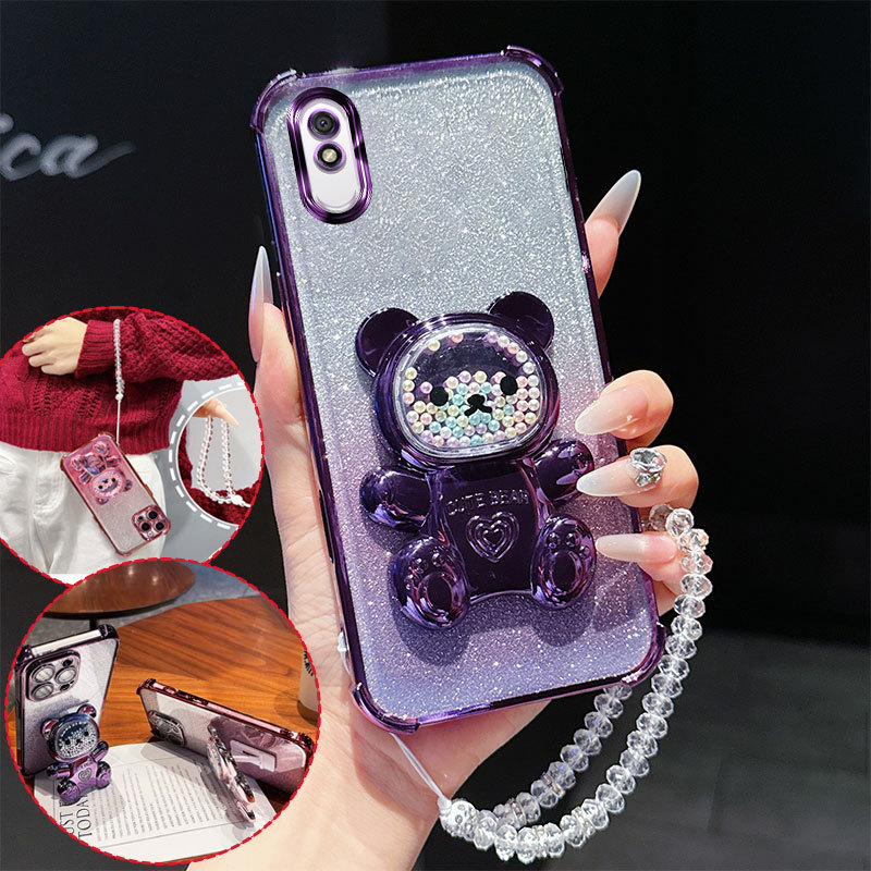 Ốp điện thoại chống sốc 4 góc có giá đỡ gấu 3D dễ thương Dây chuyền pha lê lấp lánh trong suốt cho R