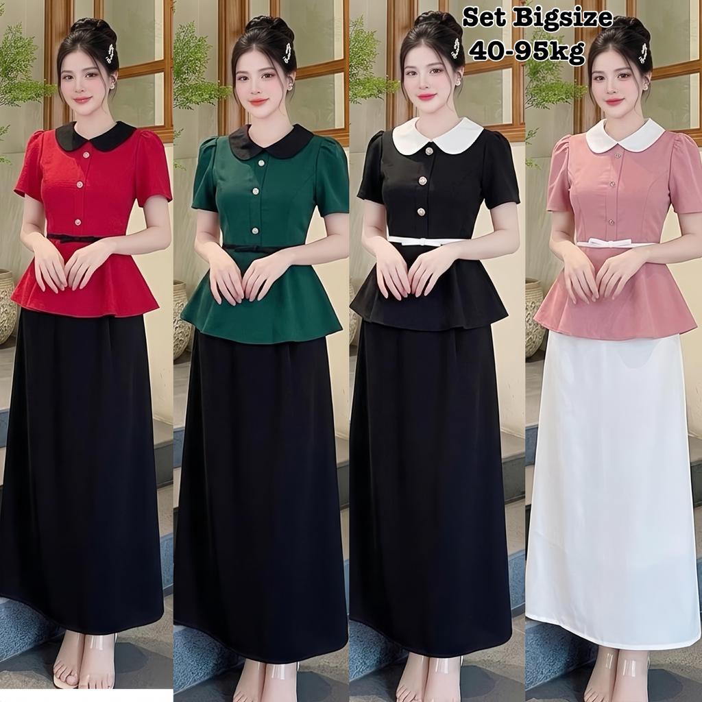 Set Áo PEPLUM Cổ Sen Đính Nơ Kèm Chân Váy Chữ A Dài Phù Hợp Đi Chơi Đi Tiệc Xinh Nhẹ Nhàng Thiết Kế 