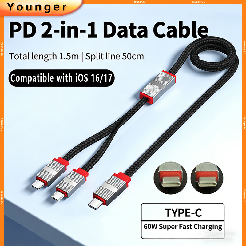 Cáp dữ liệu phẳng PD 2 trong 1 Type-C / USB sang Type-C + Cáp sạc nhanh iOS / Micro, Thích hợp cho c