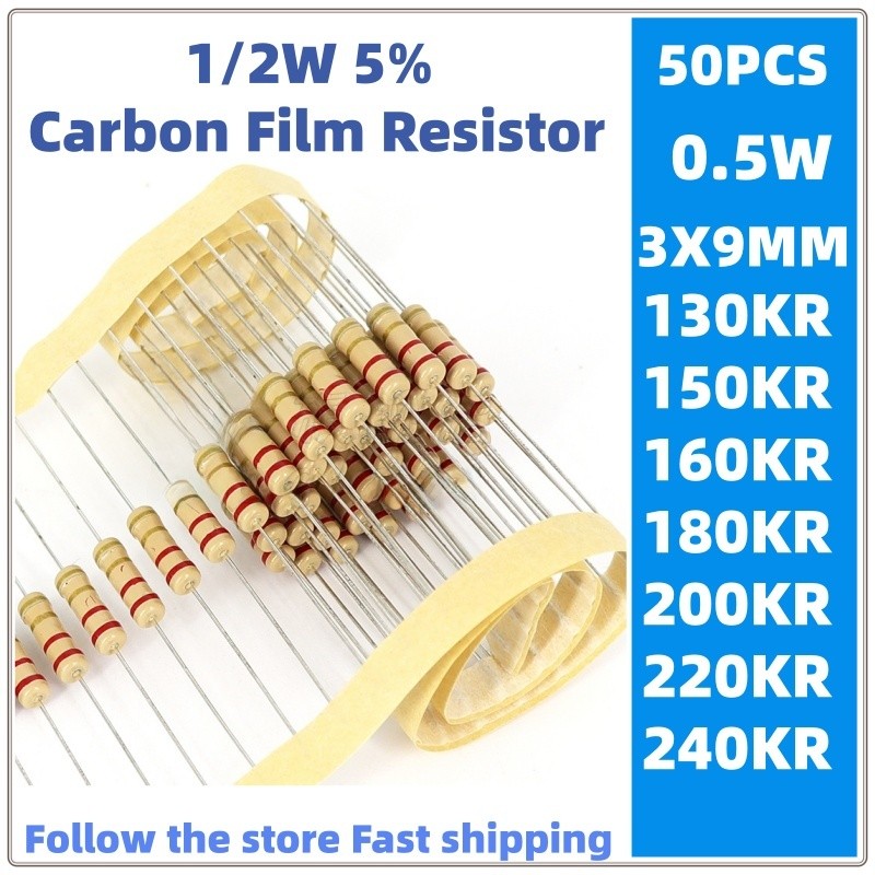 50 Chiếc 1 / 2w Phim carbon Điện Trở 5% 0.5W 130K 150KR 160KR 180KR 200KR 220KR 240K