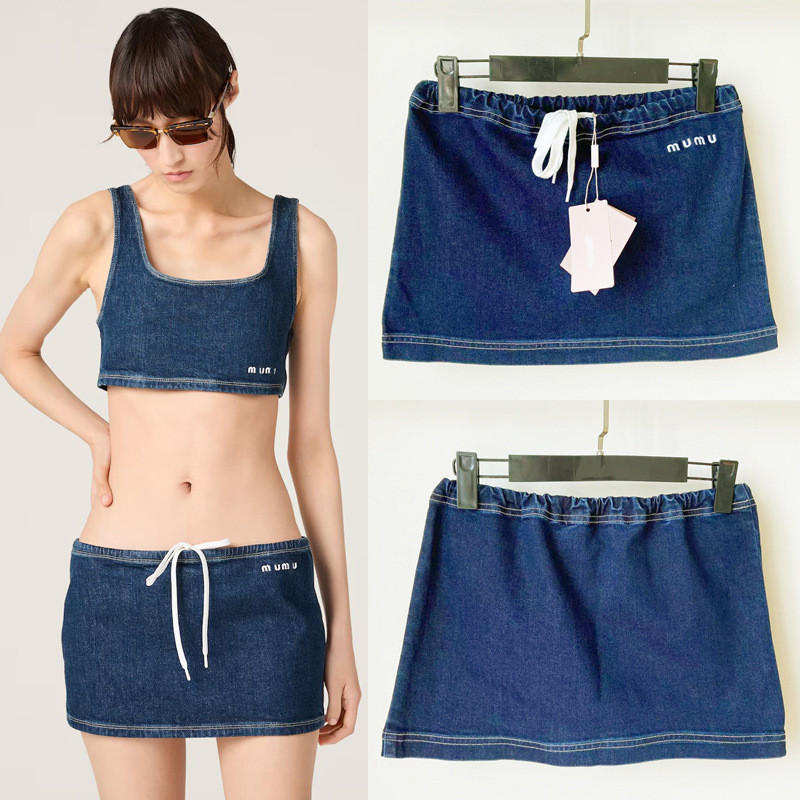 MIU*MM Letter Embroidered Versatile Denim Mini Skirt for Women Slimming Denim Mini Skirt