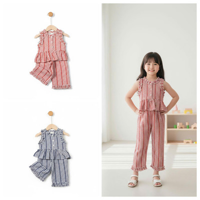 Bộ thời trang bé gái hè LITIBABY kẻ caro, quần dài size 2 đến 6 tuổi